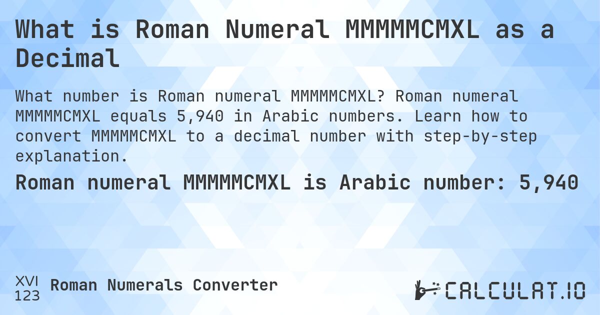 What is Roman Numeral MMMMMCMXL as a Decimal. Roman numeral MMMMMCMXL equals 5,940 in Arabic numbers. Learn how to convert MMMMMCMXL to a decimal number with step-by-step explanation.