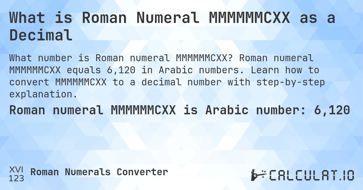 What is Roman Numeral MMMMMMCXX as a Decimal. Roman numeral MMMMMMCXX equals 6,120 in Arabic numbers. Learn how to convert MMMMMMCXX to a decimal number with step-by-step explanation.