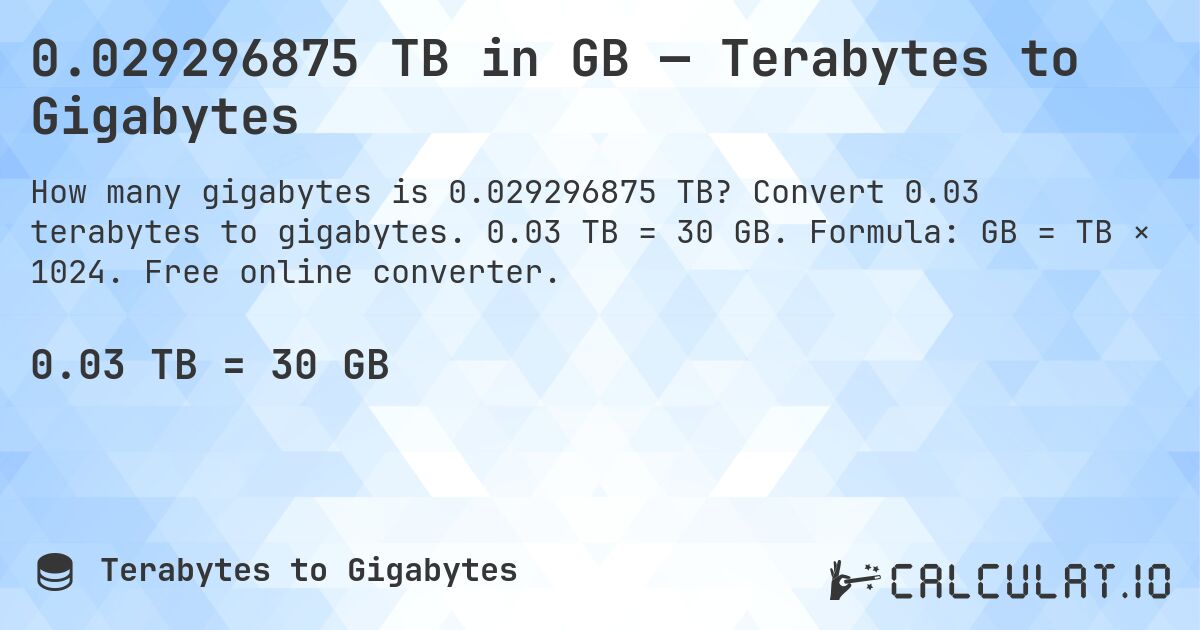 0.029296875 TB in GB — Terabytes to Gigabytes. Convert 0.03 terabytes to gigabytes. 0.03 TB = 30 GB. Formula: GB = TB × 1024. Free online converter.