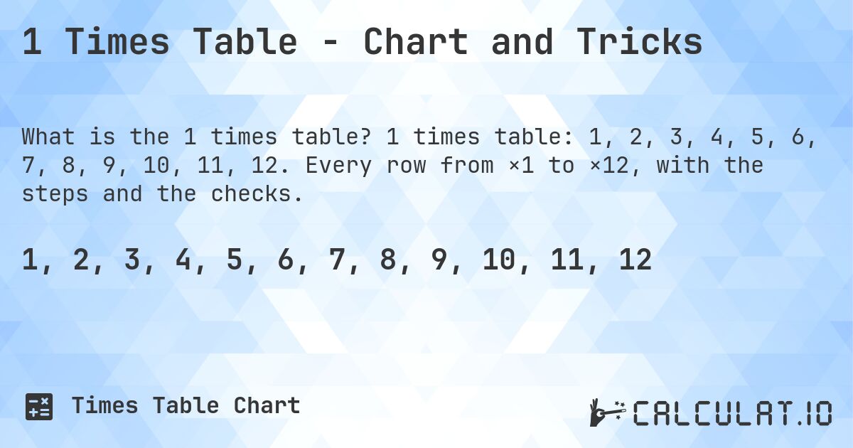 1 Times Table - Chart and Tricks. 1 times table: 1, 2, 3, 4, 5, 6, 7, 8, 9, 10, 11, 12. Every row from ×1 to ×12, with the steps and the checks.