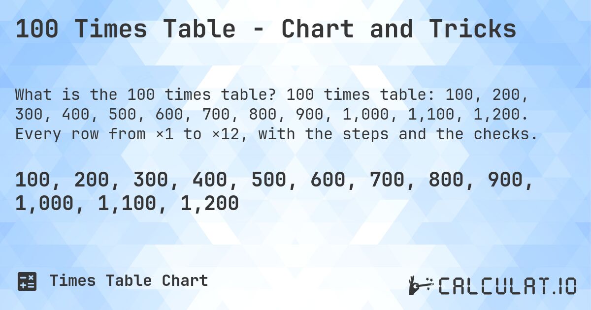 100 Times Table - Chart and Tricks. 100 times table: 100, 200, 300, 400, 500, 600, 700, 800, 900, 1,000, 1,100, 1,200. Every row from ×1 to ×12, with the steps and the checks.