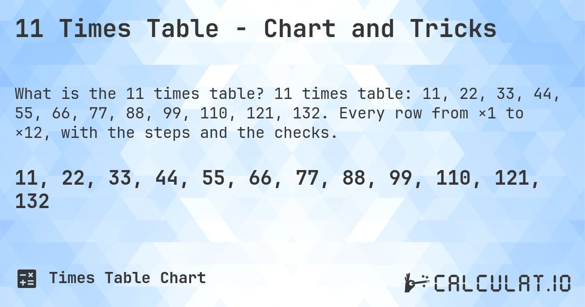 11 Times Table - Chart and Tricks. 11 times table: 11, 22, 33, 44, 55, 66, 77, 88, 99, 110, 121, 132. Every row from ×1 to ×12, with the steps and the checks.