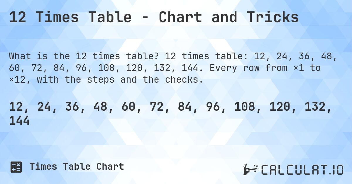 12 Times Table - Chart and Tricks. 12 times table: 12, 24, 36, 48, 60, 72, 84, 96, 108, 120, 132, 144. Every row from ×1 to ×12, with the steps and the checks.