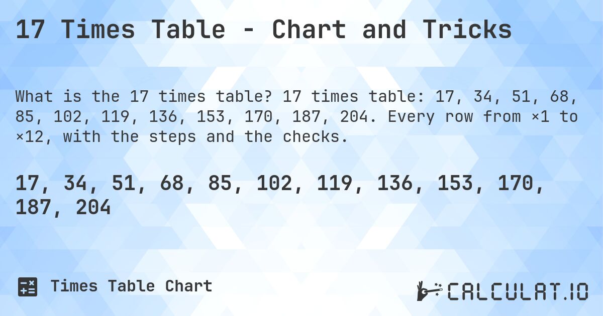 17 Times Table - Chart and Tricks. 17 times table: 17, 34, 51, 68, 85, 102, 119, 136, 153, 170, 187, 204. Every row from ×1 to ×12, with the steps and the checks.
