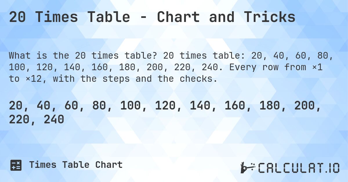 20 Times Table - Chart and Tricks. 20 times table: 20, 40, 60, 80, 100, 120, 140, 160, 180, 200, 220, 240. Every row from ×1 to ×12, with the steps and the checks.