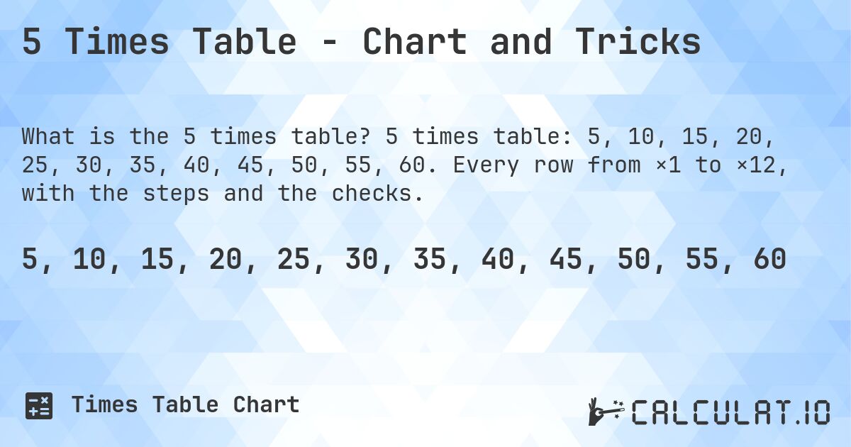 5 Times Table - Chart and Tricks. 5 times table: 5, 10, 15, 20, 25, 30, 35, 40, 45, 50, 55, 60. Every row from ×1 to ×12, with the steps and the checks.