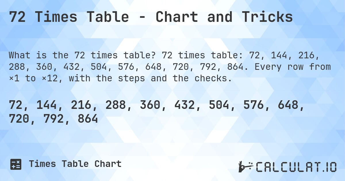 72 Times Table - Chart and Tricks. 72 times table: 72, 144, 216, 288, 360, 432, 504, 576, 648, 720, 792, 864. Every row from ×1 to ×12, with the steps and the checks.