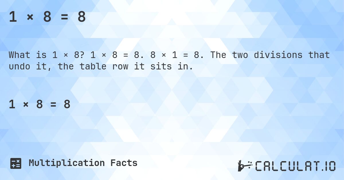 1 × 8 = 8. 1 × 8 = 8. 8 × 1 = 8. The two divisions that undo it, the table row it sits in.