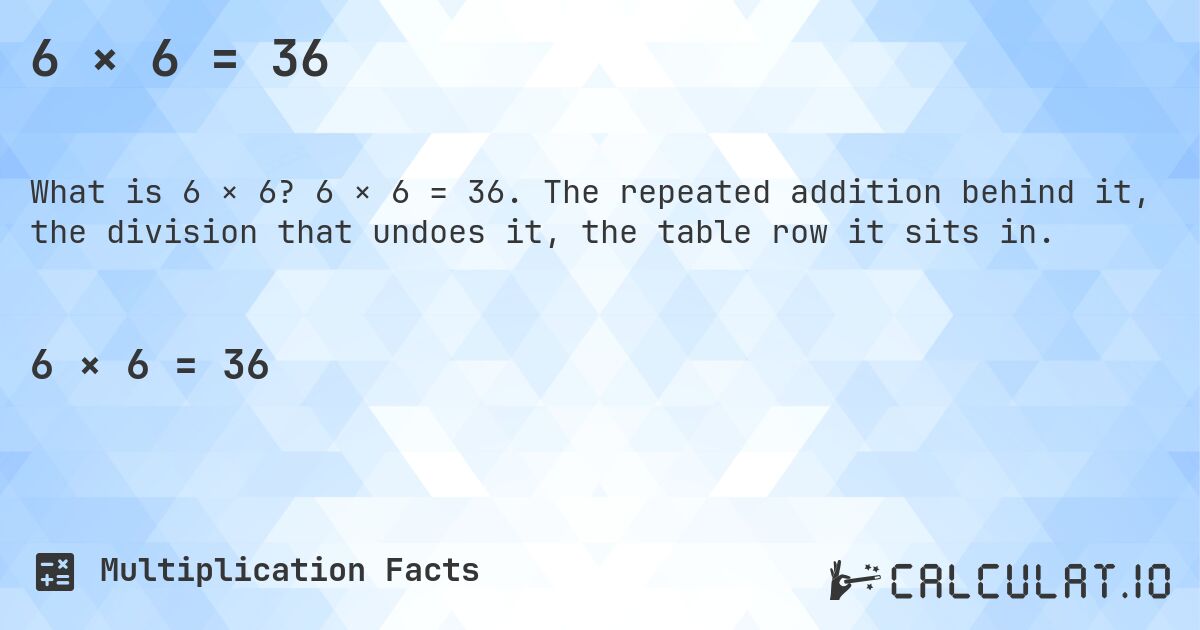 6 × 6 = 36. 6 × 6 = 36. The repeated addition behind it, the division that undoes it, the table row it sits in.