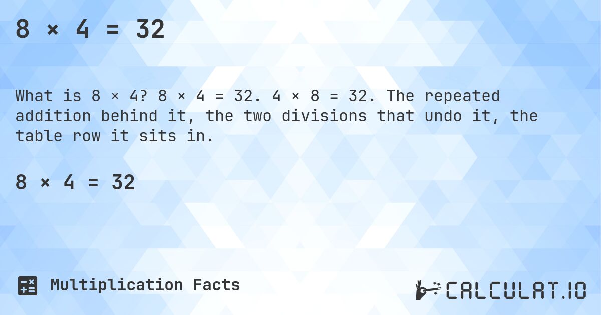 8 × 4 = 32. 8 × 4 = 32. 4 × 8 = 32. The repeated addition behind it, the two divisions that undo it, the table row it sits in.
