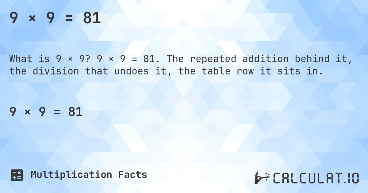 9 × 9 = 81. 9 × 9 = 81. The repeated addition behind it, the division that undoes it, the table row it sits in.