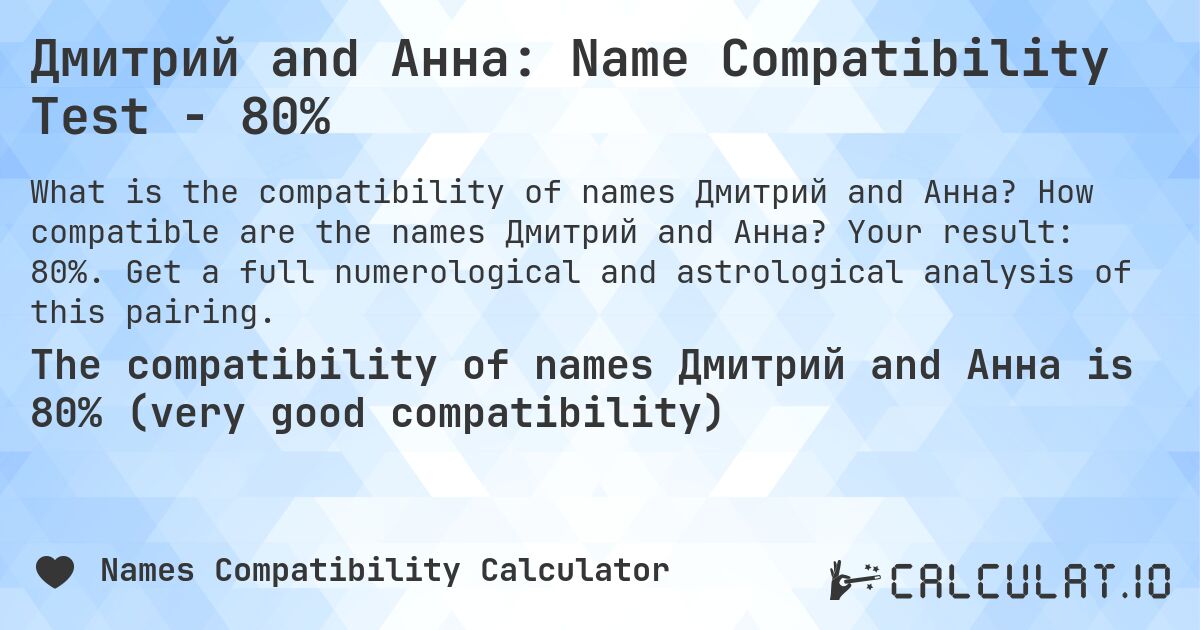 Дмитрий and Анна: Name Compatibility Test - 80%. How compatible are the names Дмитрий and Анна? Your result: 80%. Get a full numerological and astrological analysis of this pairing.