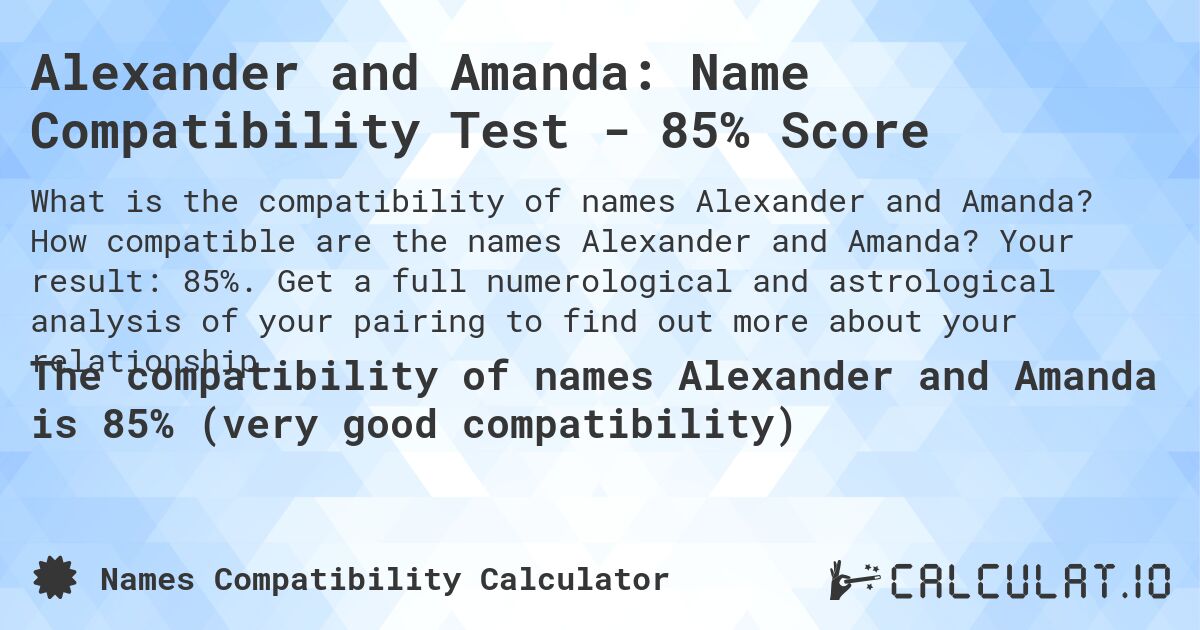 Alexander and Amanda: Name Compatibility Test - 85% Score. How compatible are the names Alexander and Amanda? Your result: 85%. Get a full numerological and astrological analysis of your pairing to find out more about your relationship.