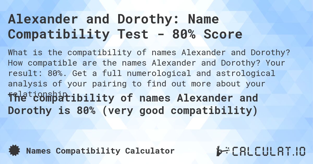 Alexander and Dorothy: Name Compatibility Test - 80% Score. How compatible are the names Alexander and Dorothy? Your result: 80%. Get a full numerological and astrological analysis of your pairing to find out more about your relationship.