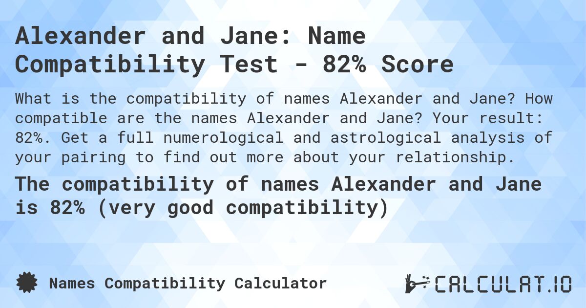 Alexander and Jane: Name Compatibility Test - 82% Score. How compatible are the names Alexander and Jane? Your result: 82%. Get a full numerological and astrological analysis of your pairing to find out more about your relationship.