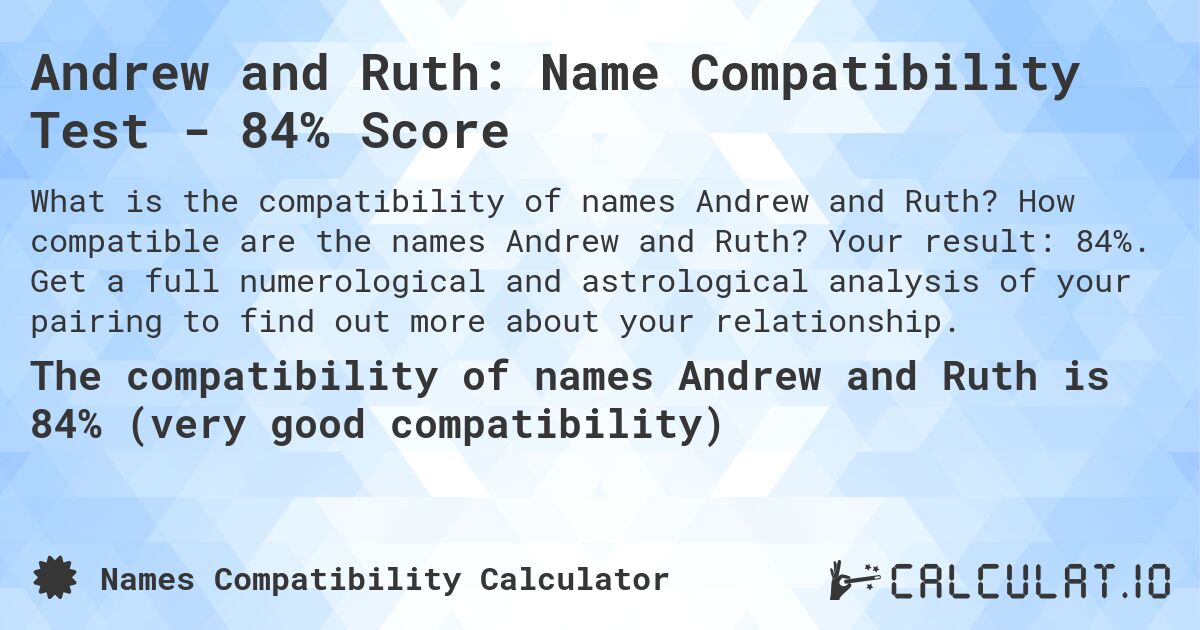 Andrew and Ruth: Name Compatibility Test - 84% Score. How compatible are the names Andrew and Ruth? Your result: 84%. Get a full numerological and astrological analysis of your pairing to find out more about your relationship.