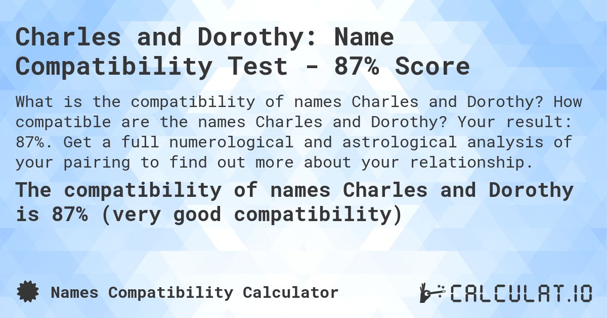 Charles and Dorothy: Name Compatibility Test - 87% Score. How compatible are the names Charles and Dorothy? Your result: 87%. Get a full numerological and astrological analysis of your pairing to find out more about your relationship.
