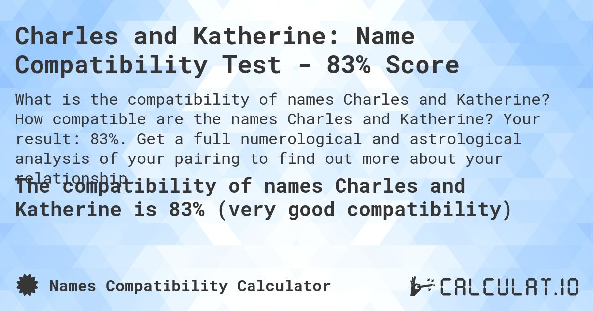 Charles and Katherine: Name Compatibility Test - 83% Score. How compatible are the names Charles and Katherine? Your result: 83%. Get a full numerological and astrological analysis of your pairing to find out more about your relationship.