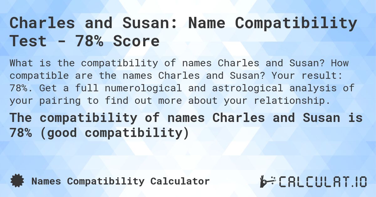 Charles and Susan: Name Compatibility Test - 78% Score. How compatible are the names Charles and Susan? Your result: 78%. Get a full numerological and astrological analysis of your pairing to find out more about your relationship.