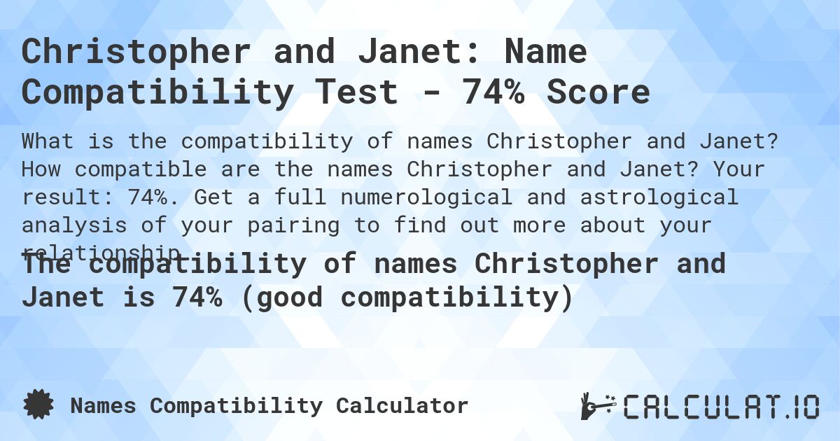 Christopher and Janet: Name Compatibility Test - 74% Score. How compatible are the names Christopher and Janet? Your result: 74%. Get a full numerological and astrological analysis of your pairing to find out more about your relationship.