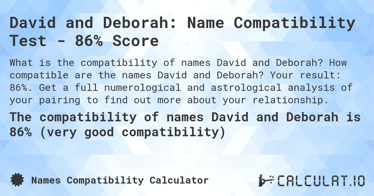 David and Deborah: Name Compatibility Test - 86% Score. How compatible are the names David and Deborah? Your result: 86%. Get a full numerological and astrological analysis of your pairing to find out more about your relationship.