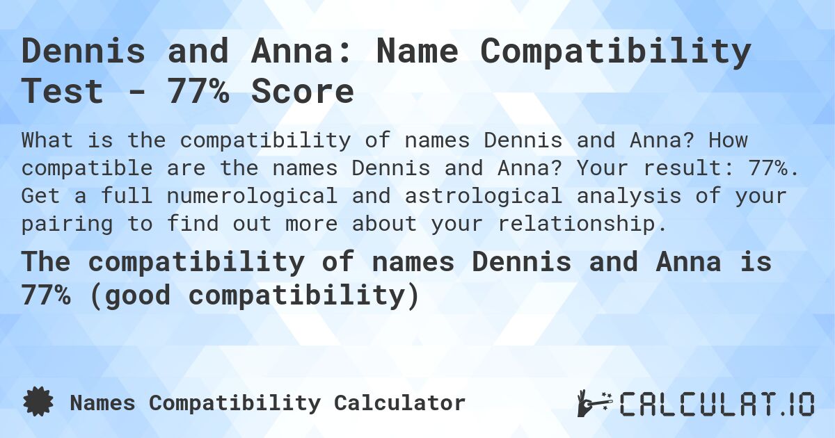 Dennis and Anna: Name Compatibility Test - 77% Score. How compatible are the names Dennis and Anna? Your result: 77%. Get a full numerological and astrological analysis of your pairing to find out more about your relationship.