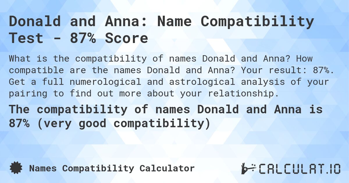 Donald and Anna: Name Compatibility Test - 87% Score. How compatible are the names Donald and Anna? Your result: 87%. Get a full numerological and astrological analysis of your pairing to find out more about your relationship.