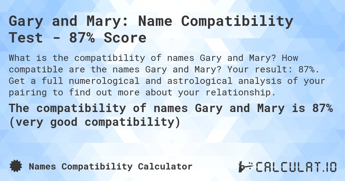 Gary and Mary: Name Compatibility Test - 87% Score. How compatible are the names Gary and Mary? Your result: 87%. Get a full numerological and astrological analysis of your pairing to find out more about your relationship.