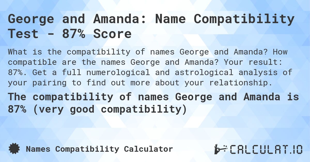 George and Amanda: Name Compatibility Test - 87% Score. How compatible are the names George and Amanda? Your result: 87%. Get a full numerological and astrological analysis of your pairing to find out more about your relationship.