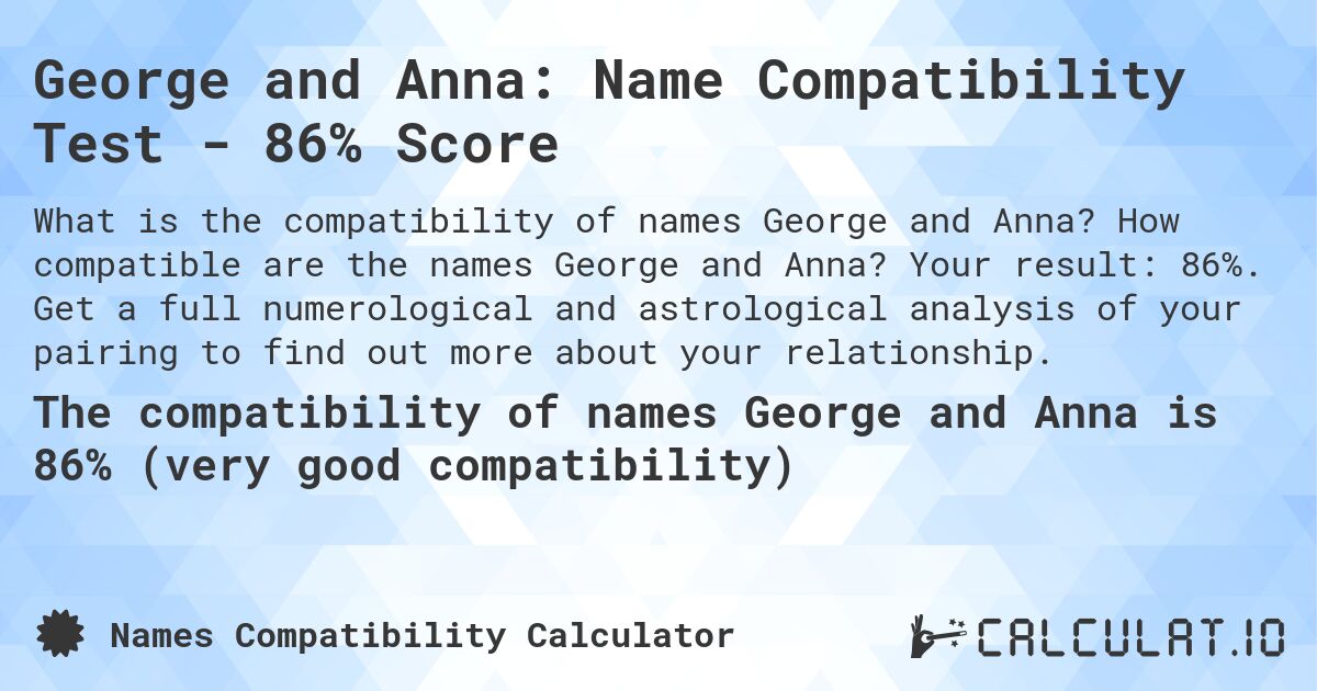 George and Anna: Name Compatibility Test - 86% Score. How compatible are the names George and Anna? Your result: 86%. Get a full numerological and astrological analysis of your pairing to find out more about your relationship.