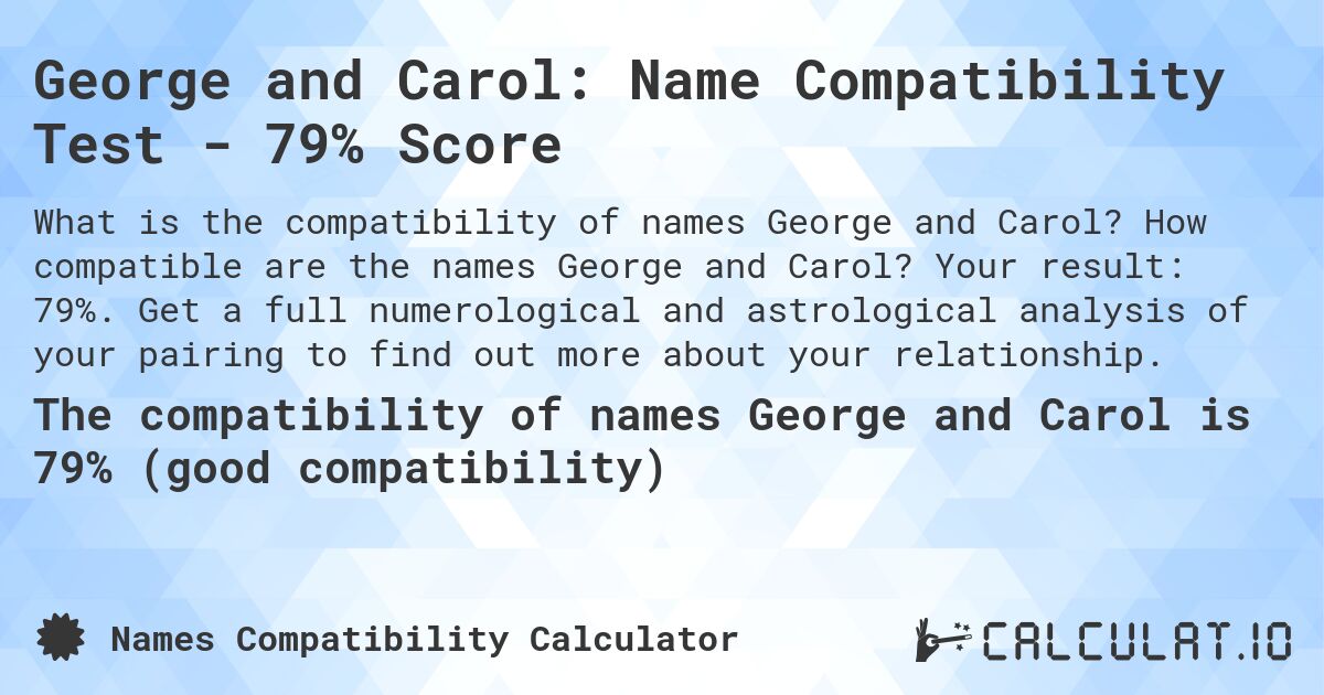 George and Carol: Name Compatibility Test - 79% Score. How compatible are the names George and Carol? Your result: 79%. Get a full numerological and astrological analysis of your pairing to find out more about your relationship.