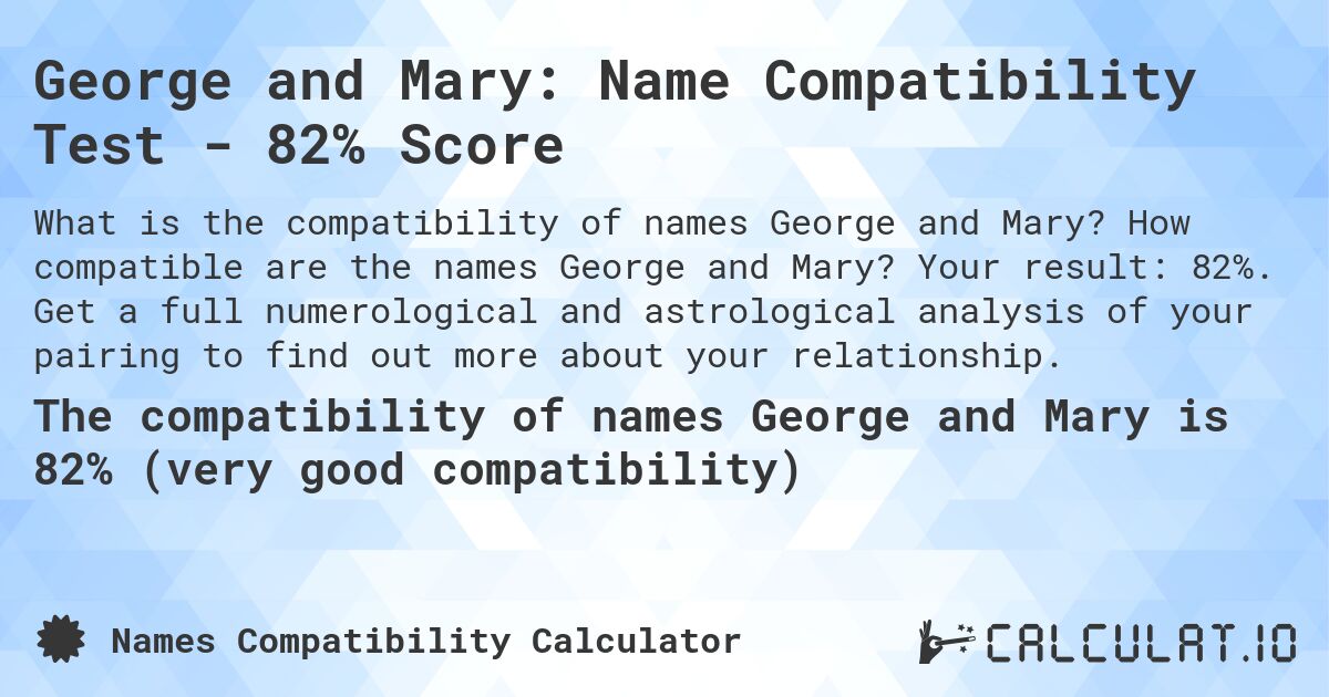 George and Mary: Name Compatibility Test - 82% Score. How compatible are the names George and Mary? Your result: 82%. Get a full numerological and astrological analysis of your pairing to find out more about your relationship.