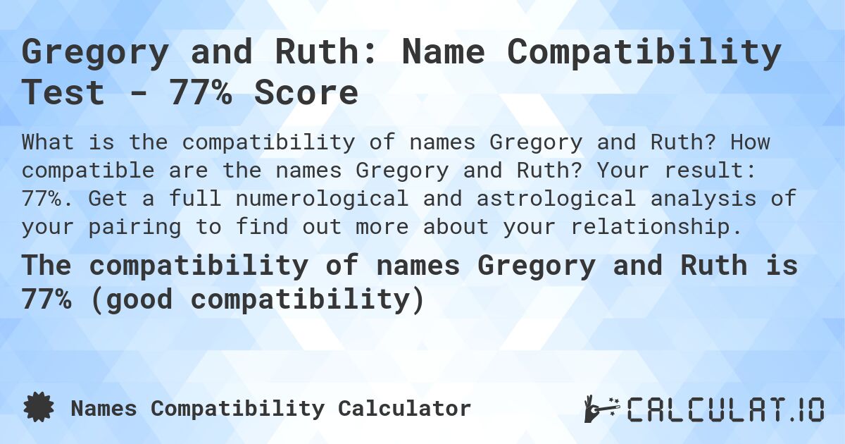 Gregory and Ruth: Name Compatibility Test - 77% Score. How compatible are the names Gregory and Ruth? Your result: 77%. Get a full numerological and astrological analysis of your pairing to find out more about your relationship.