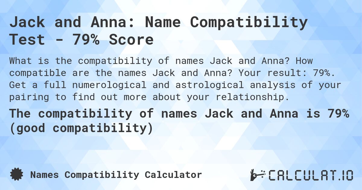 Jack and Anna: Name Compatibility Test - 79% Score. How compatible are the names Jack and Anna? Your result: 79%. Get a full numerological and astrological analysis of your pairing to find out more about your relationship.