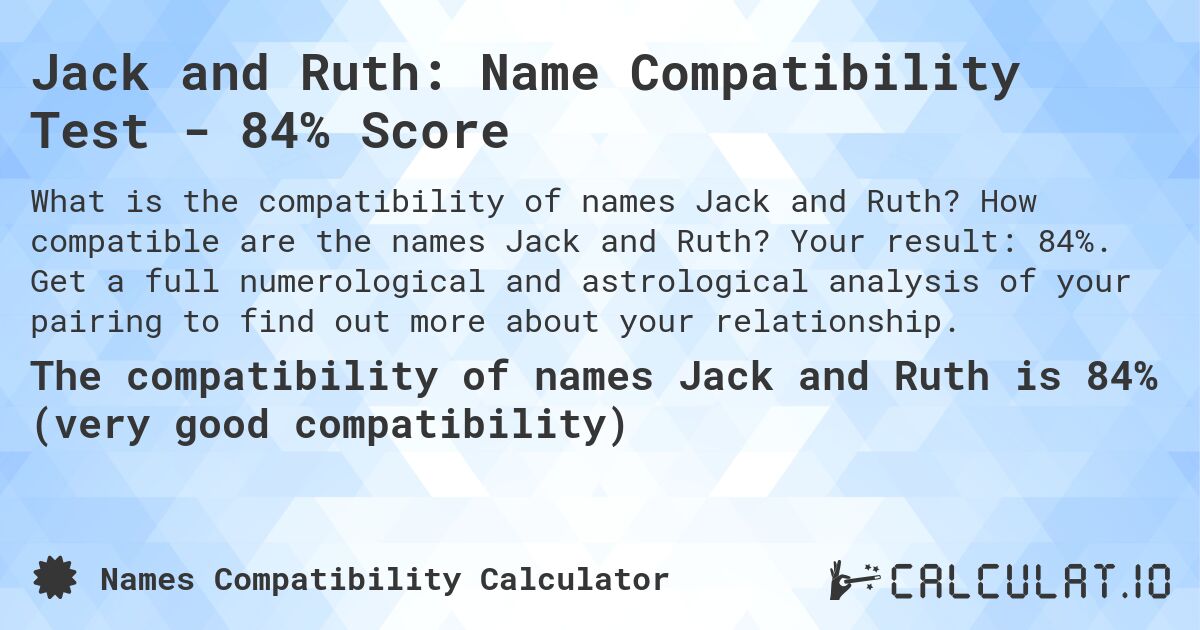 Jack and Ruth: Name Compatibility Test - 84% Score. How compatible are the names Jack and Ruth? Your result: 84%. Get a full numerological and astrological analysis of your pairing to find out more about your relationship.
