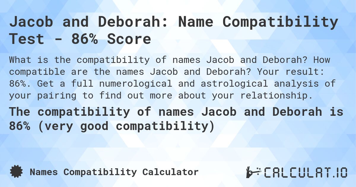 Jacob and Deborah: Name Compatibility Test - 86% Score. How compatible are the names Jacob and Deborah? Your result: 86%. Get a full numerological and astrological analysis of your pairing to find out more about your relationship.
