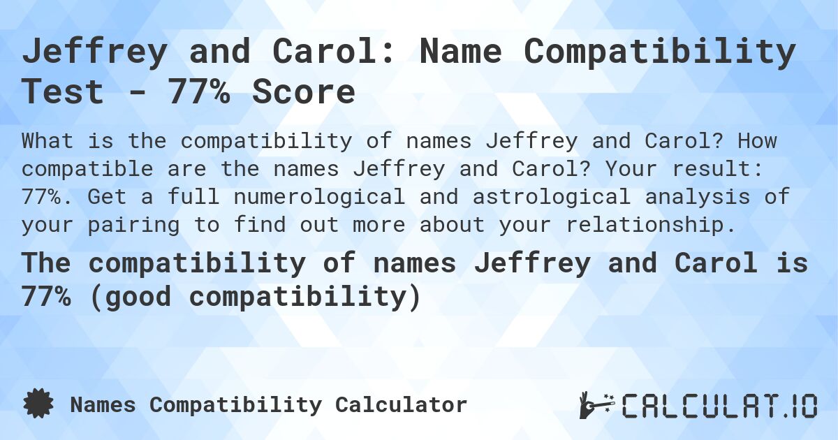 Jeffrey and Carol: Name Compatibility Test - 77% Score. How compatible are the names Jeffrey and Carol? Your result: 77%. Get a full numerological and astrological analysis of your pairing to find out more about your relationship.