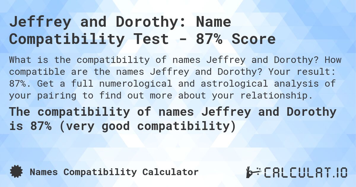 Jeffrey and Dorothy: Name Compatibility Test - 87% Score. How compatible are the names Jeffrey and Dorothy? Your result: 87%. Get a full numerological and astrological analysis of your pairing to find out more about your relationship.