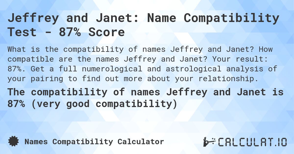 Jeffrey and Janet: Name Compatibility Test - 87% Score. How compatible are the names Jeffrey and Janet? Your result: 87%. Get a full numerological and astrological analysis of your pairing to find out more about your relationship.