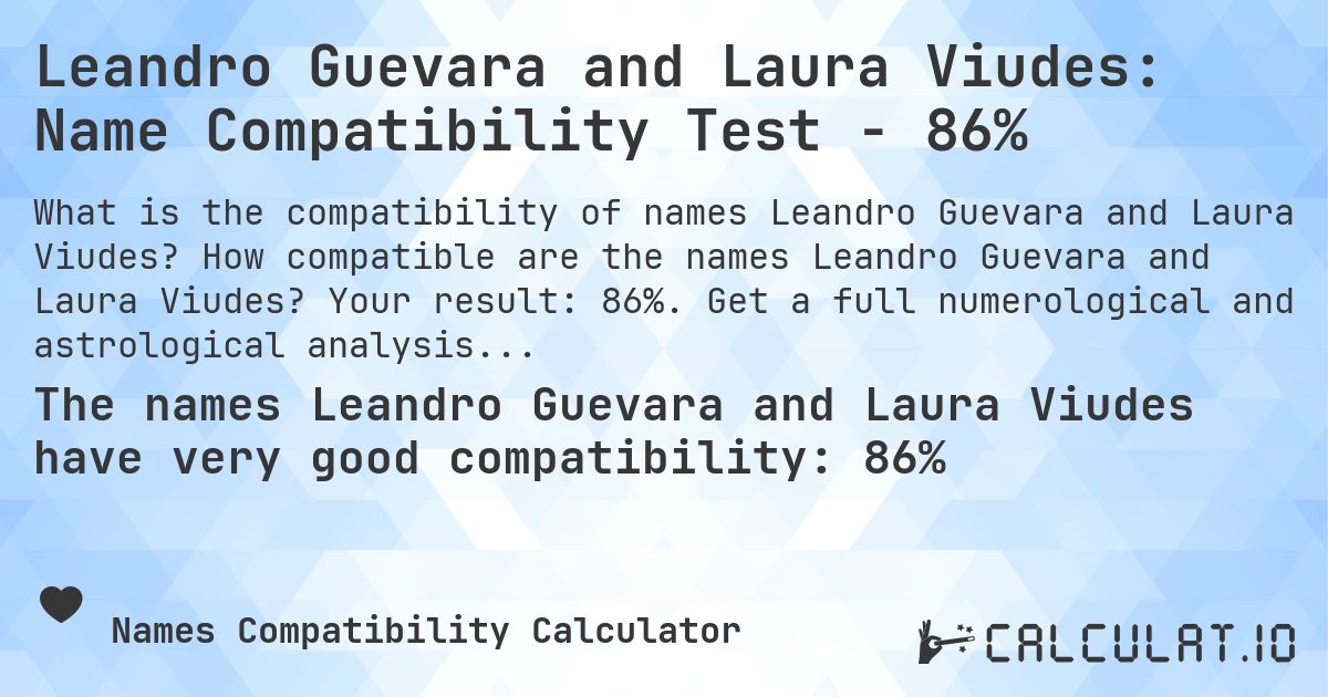Leandro Guevara and Laura Viudes: Name Compatibility Test - 86%. How compatible are the names Leandro Guevara and Laura Viudes? Your result: 86%. Get a full numerological and astrological analysis of this pairing.