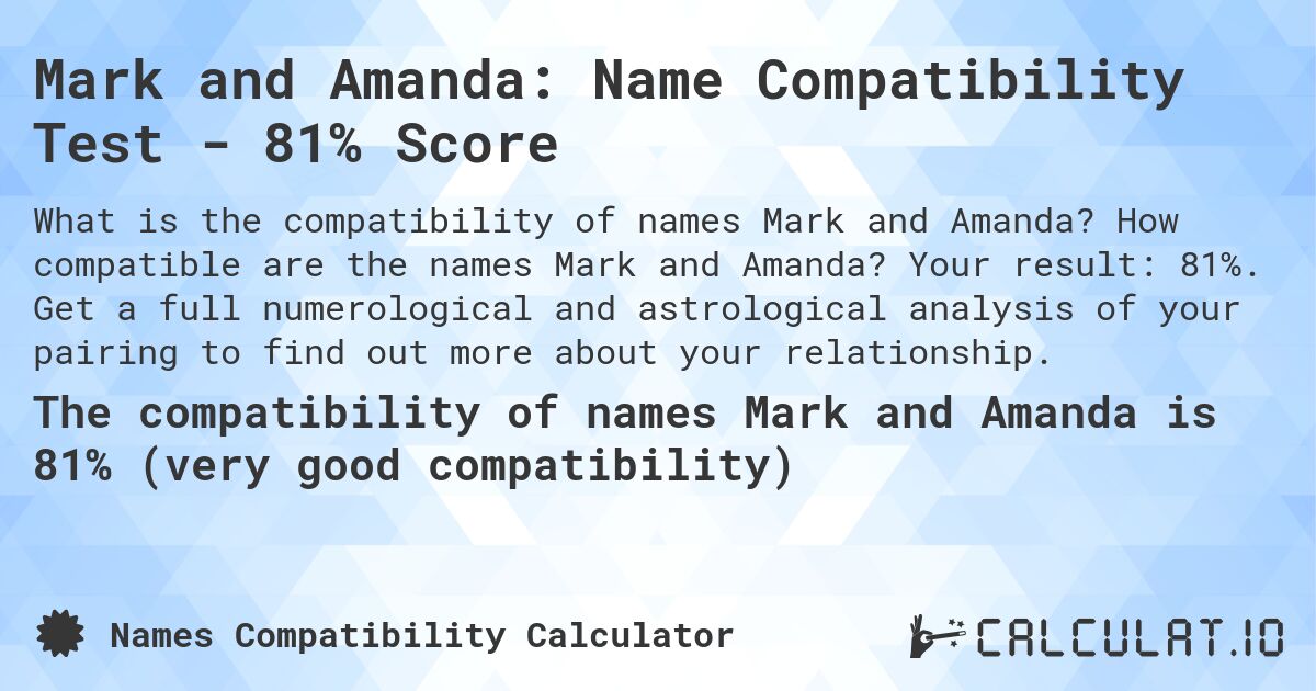Mark and Amanda: Name Compatibility Test - 81% Score. How compatible are the names Mark and Amanda? Your result: 81%. Get a full numerological and astrological analysis of your pairing to find out more about your relationship.