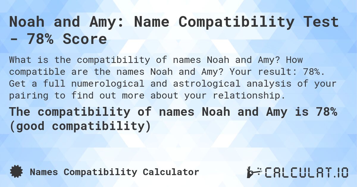 Noah and Amy: Name Compatibility Test - 78% Score. How compatible are the names Noah and Amy? Your result: 78%. Get a full numerological and astrological analysis of your pairing to find out more about your relationship.