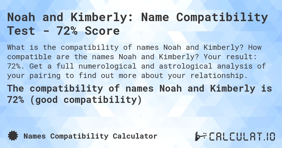 Noah and Kimberly: Name Compatibility Test - 72% Score. How compatible are the names Noah and Kimberly? Your result: 72%. Get a full numerological and astrological analysis of your pairing to find out more about your relationship.