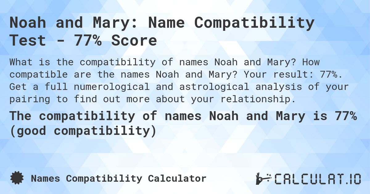 Noah and Mary: Name Compatibility Test - 77% Score. How compatible are the names Noah and Mary? Your result: 77%. Get a full numerological and astrological analysis of your pairing to find out more about your relationship.