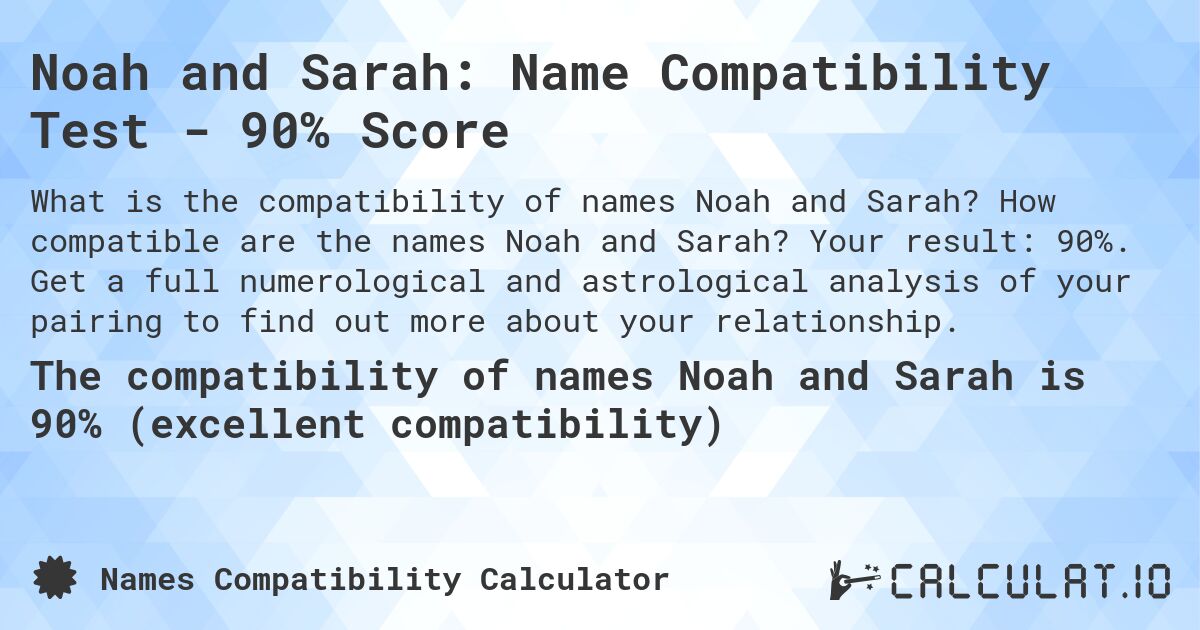 Noah and Sarah: Name Compatibility Test - 90% Score. How compatible are the names Noah and Sarah? Your result: 90%. Get a full numerological and astrological analysis of your pairing to find out more about your relationship.