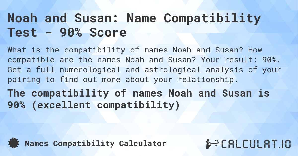 Noah and Susan: Name Compatibility Test - 90% Score. How compatible are the names Noah and Susan? Your result: 90%. Get a full numerological and astrological analysis of your pairing to find out more about your relationship.