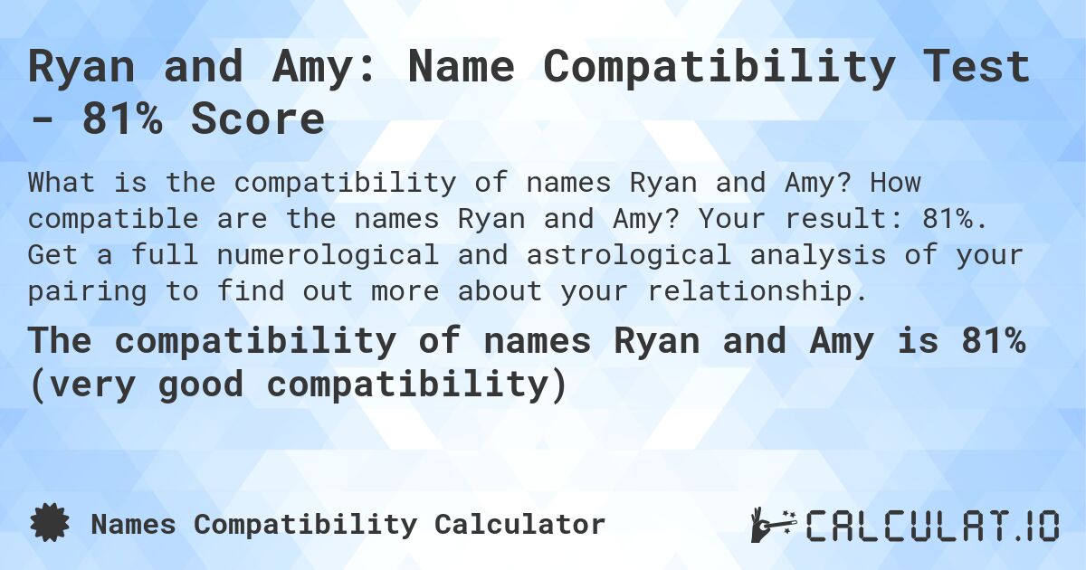 Ryan and Amy: Name Compatibility Test - 81% Score. How compatible are the names Ryan and Amy? Your result: 81%. Get a full numerological and astrological analysis of your pairing to find out more about your relationship.