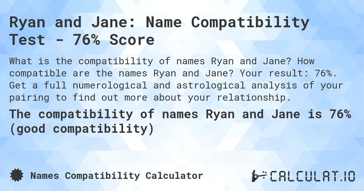Ryan and Jane: Name Compatibility Test - 76% Score. How compatible are the names Ryan and Jane? Your result: 76%. Get a full numerological and astrological analysis of your pairing to find out more about your relationship.
