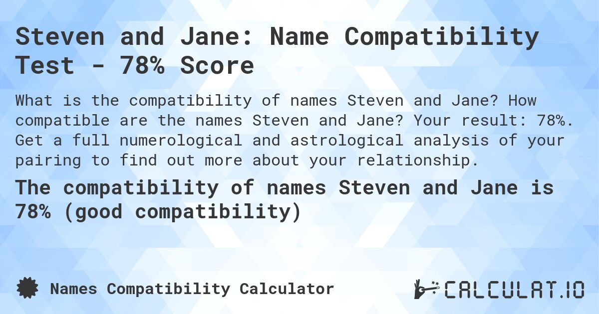 Steven and Jane: Name Compatibility Test - 78% Score. How compatible are the names Steven and Jane? Your result: 78%. Get a full numerological and astrological analysis of your pairing to find out more about your relationship.