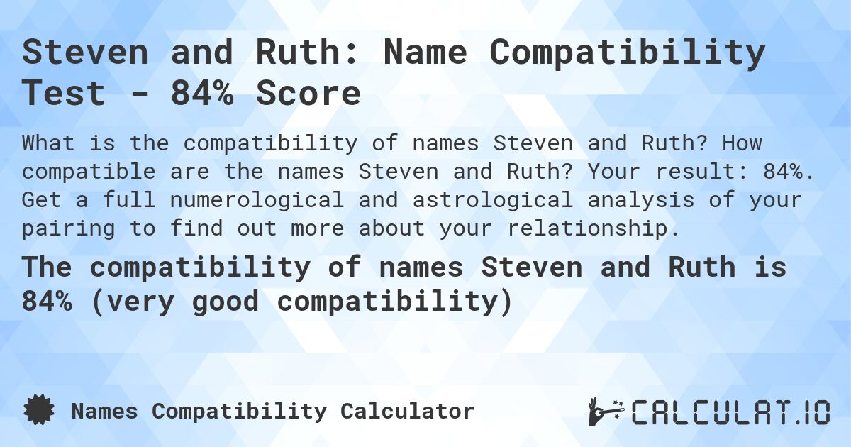 Steven and Ruth: Name Compatibility Test - 84% Score. How compatible are the names Steven and Ruth? Your result: 84%. Get a full numerological and astrological analysis of your pairing to find out more about your relationship.